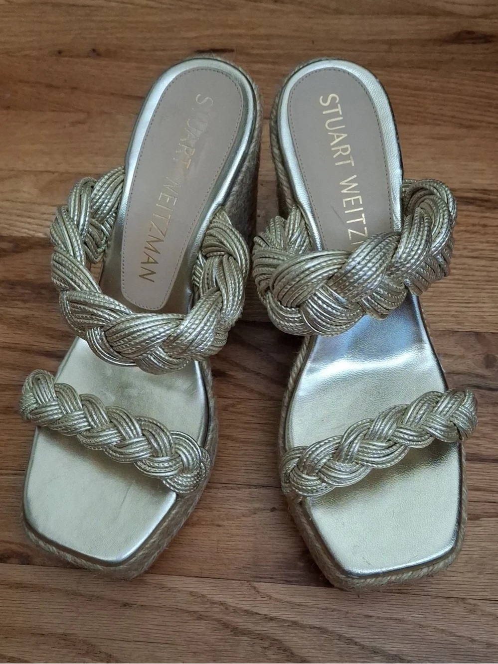Stuart Weitzman Metallic Gold Braided Wedge Mules